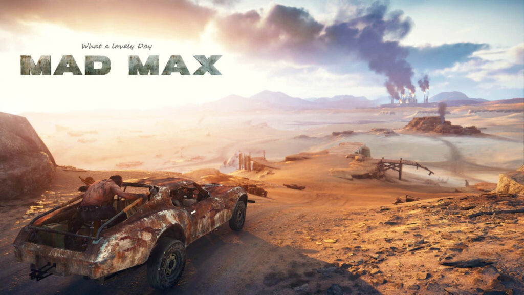 Mad Max car speeds through dusty desert with industrial ruins and smoke in chaotic wasteland wallpaper
