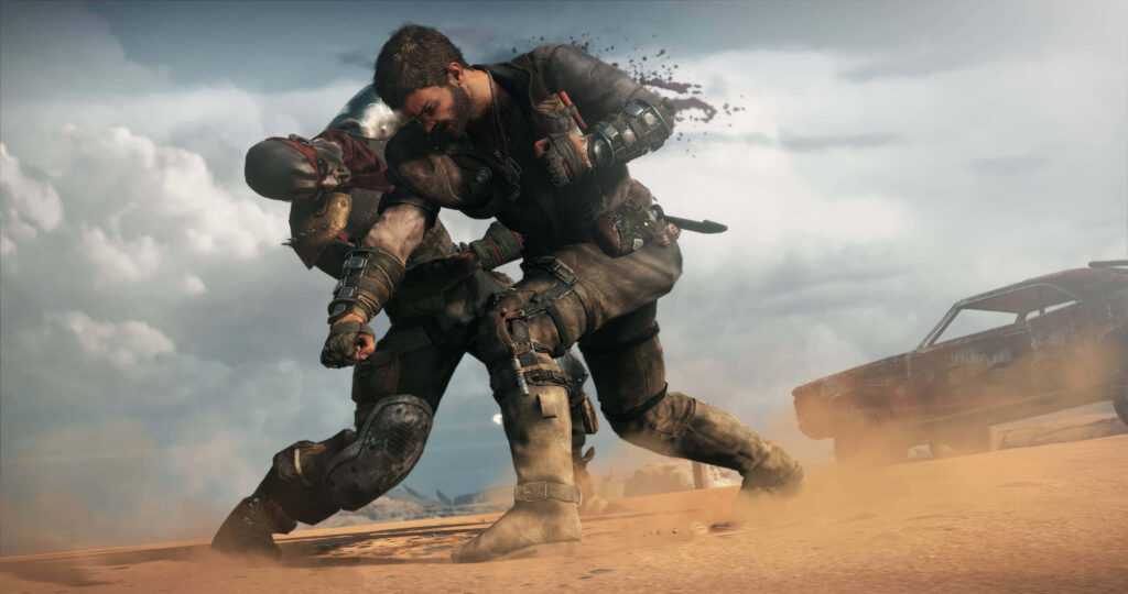 Two rugged fighters in intense hand-to-hand combat in a dusty Mad Max desert wasteland background Wallpaper