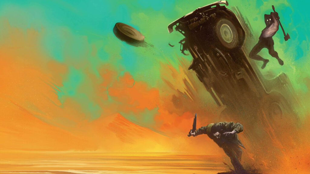 Mad Max desert chaos wallpaper with vehicle flipping and intense characters battling vibrant colors