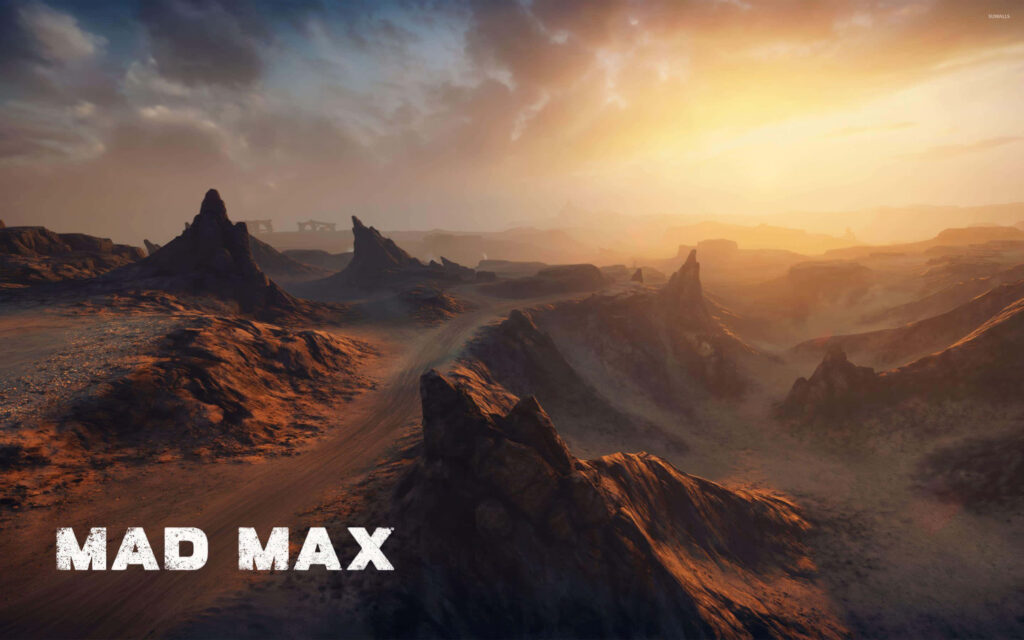 Mad Max desert landscape at sunset rugged barren terrain dramatic wasteland wallpaper background