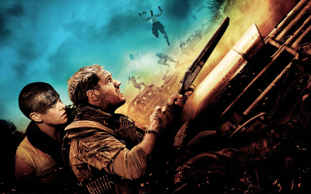 Mad Max Fury Road intense battle scene with roaring vehicles and explosive dust storm background Wallpaper