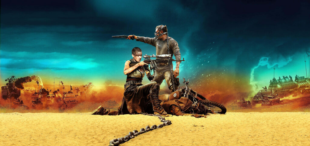 Mad Max Fury Road intense characters desert backdrop explosions armored vehicles racing wallpaper