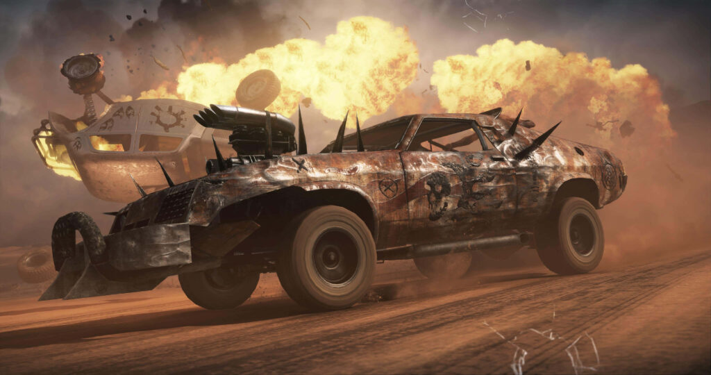 Mad Max Fury Road armored car speeding desert explosion intense action chase wallpaper background