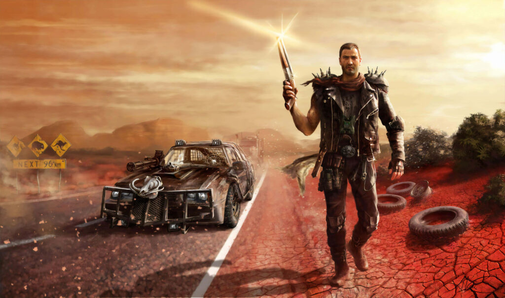 Mad Max survivor with flare in desolate post-apocalyptic wasteland near armored car wallpaper