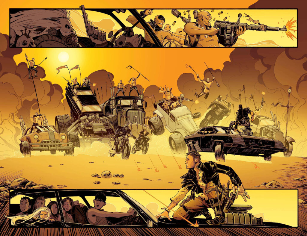 Mad Max style desert chase with armored vehicles warriors and chaos in comic illustration wallpaper