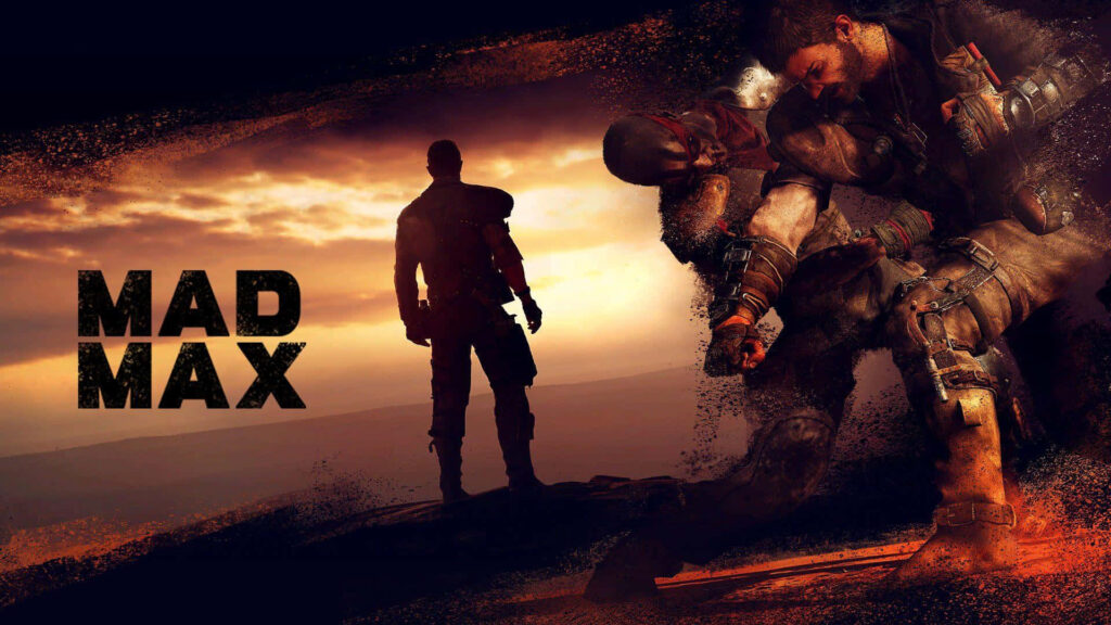 Mad Max silhouette at fiery desert sunset with intense action and combat wallpaper background