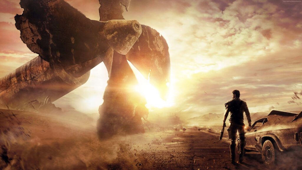 Lone figure by rugged car in Mad Max wasteland sunset with colossal rusted machinery background Wallpaper
