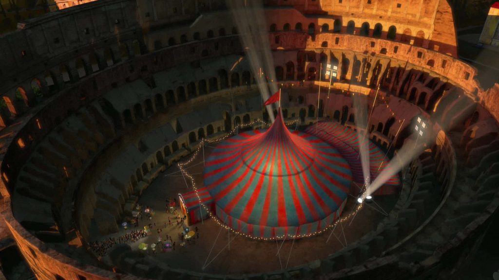 Madagascar 3 circus tent inside Rome Colosseum with vibrant lights and dramatic spotlights wallpaper