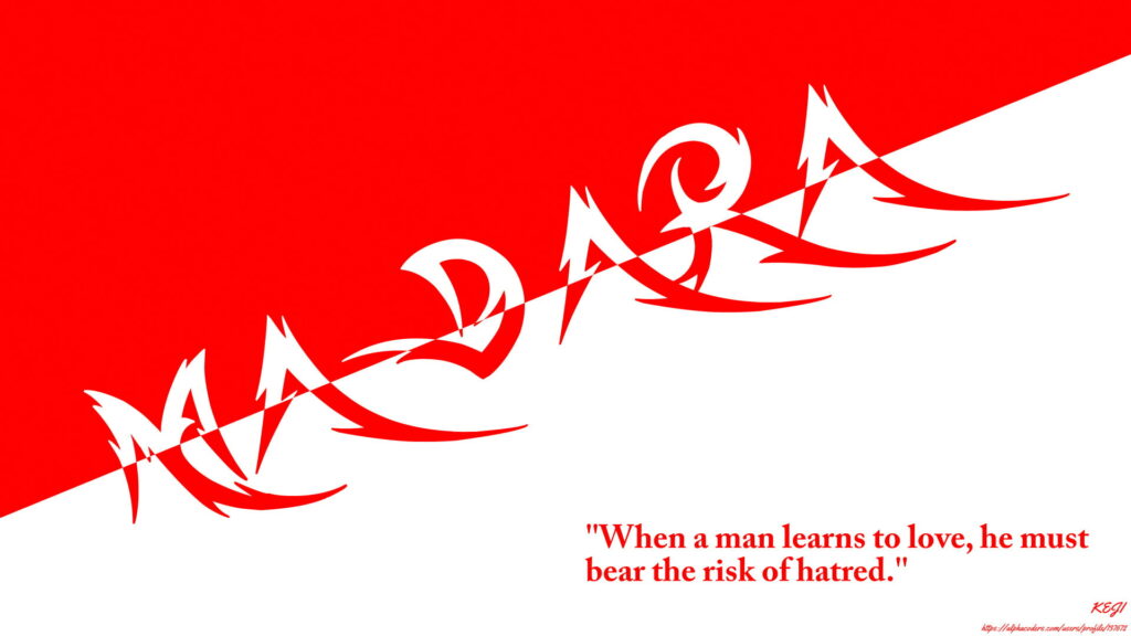 Minimalist Madara Uchiha anime wallpaper red white design featuring iconic Naruto quote background