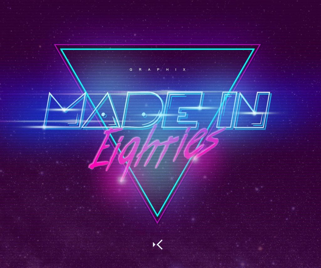 Neon 80s wallpaper with glowing Made In Eighties text and neon triangle on cosmic purple background