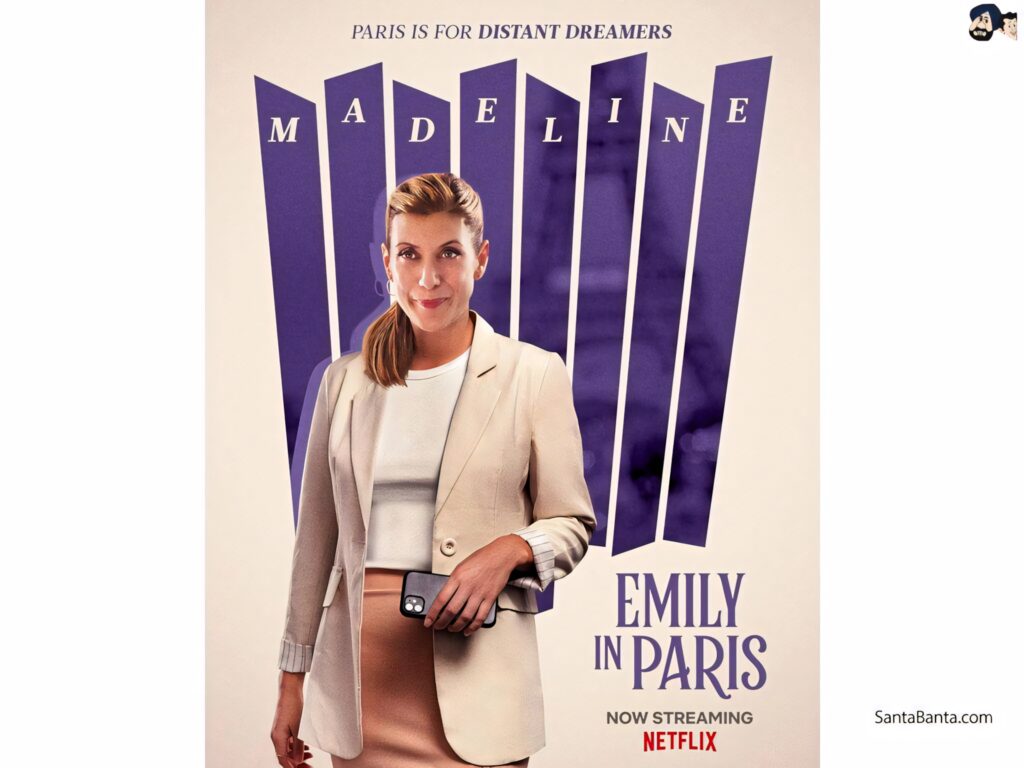 Madeline confident in spotlight Parisian backdrop capturing Emily In Paris ambitious spirit wallpaper