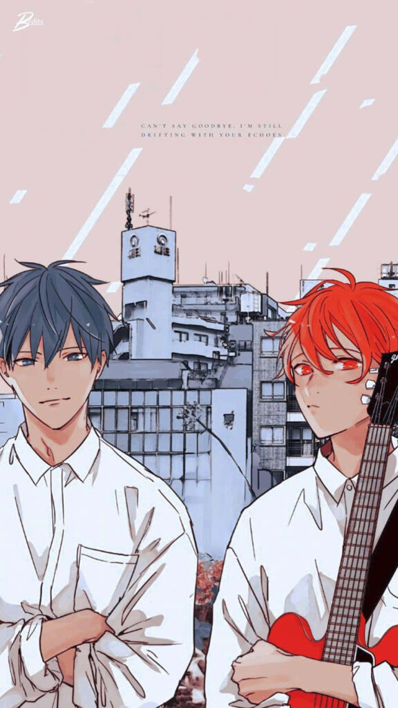 Mafuyu and Ritsuka Embrace Amidst a Dreamy Pastel Cityscape: An Enchanting Anime Wallpaper Delight