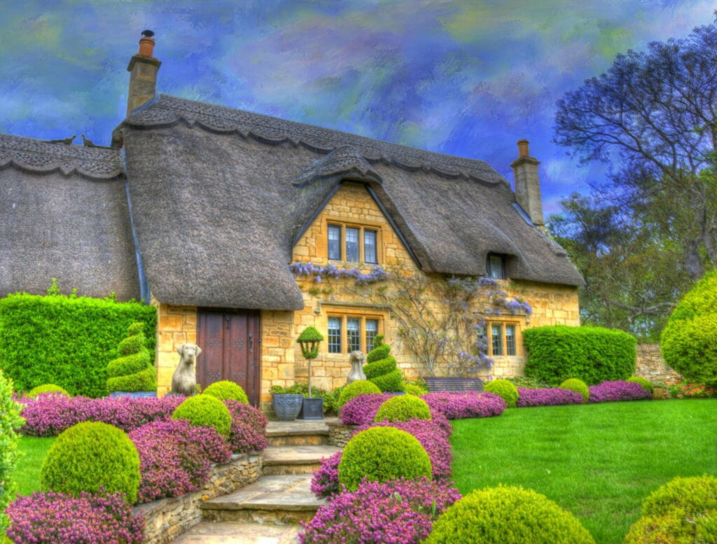 Majestic Magenta Cottage nestled in a vibrant Spring Meadow with a Garden Path lined with Bonito Flowers: HD Wallpaper Background
