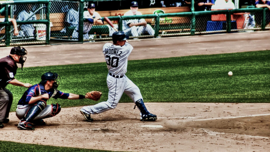 Magglio Ordóñez Detroit Tigers mid-swing classic uniform vibrant green field dynamic baseball wallpaper