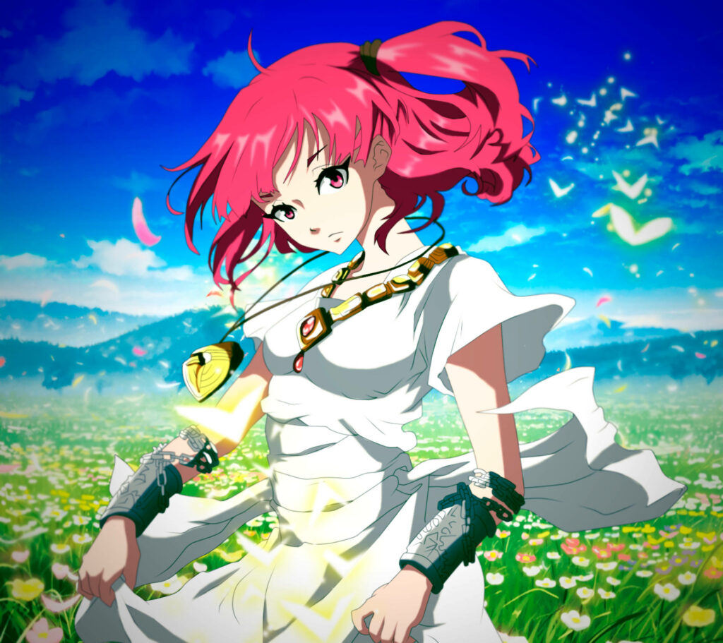 Magi Labyrinth Of Magic Fanalis red haired female in sunlit flower field with glowing butterflies Wallpaper