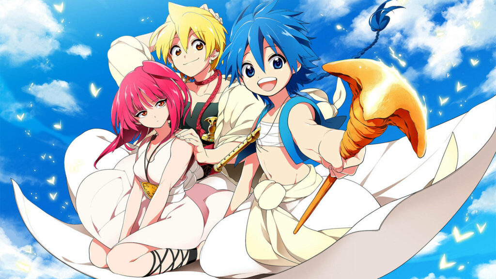 Magi The Labyrinth Of Magic wallpaper main characters flying carpet bright blue sky adventure