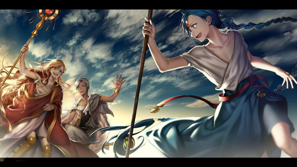 Vibrant Magi The Labyrinth Of Magic wallpaper with dynamic wizards and dramatic sky background