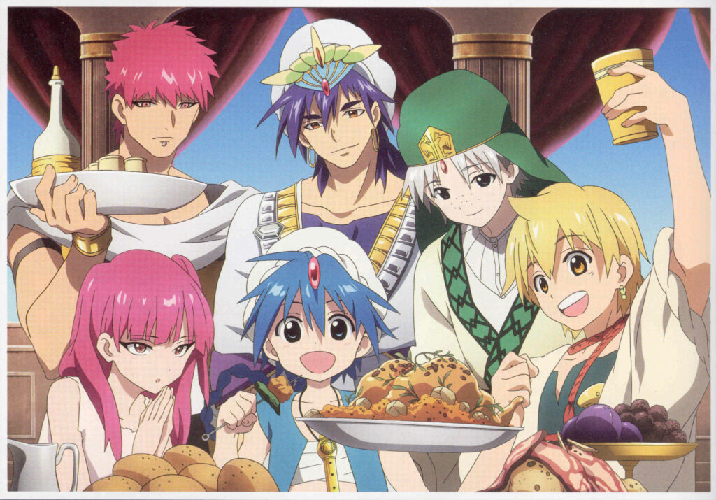 Magi The Labyrinth Of Magic festive wallpaper with main characters celebrating around feast table