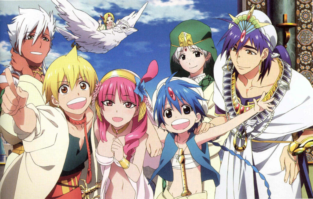 Magi The Labyrinth Of Magic main characters smiling together vibrant wallpaper background