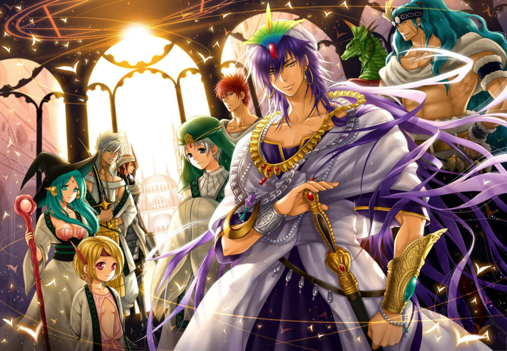 Magi The Labyrinth Of Magic Seven Seas main characters in sunlit hall with glowing magic energy Wallpaper
