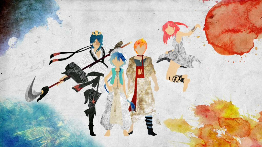 Vibrant Magi The Labyrinth Of Magic wallpaper with dynamic characters and colorful abstract splashes