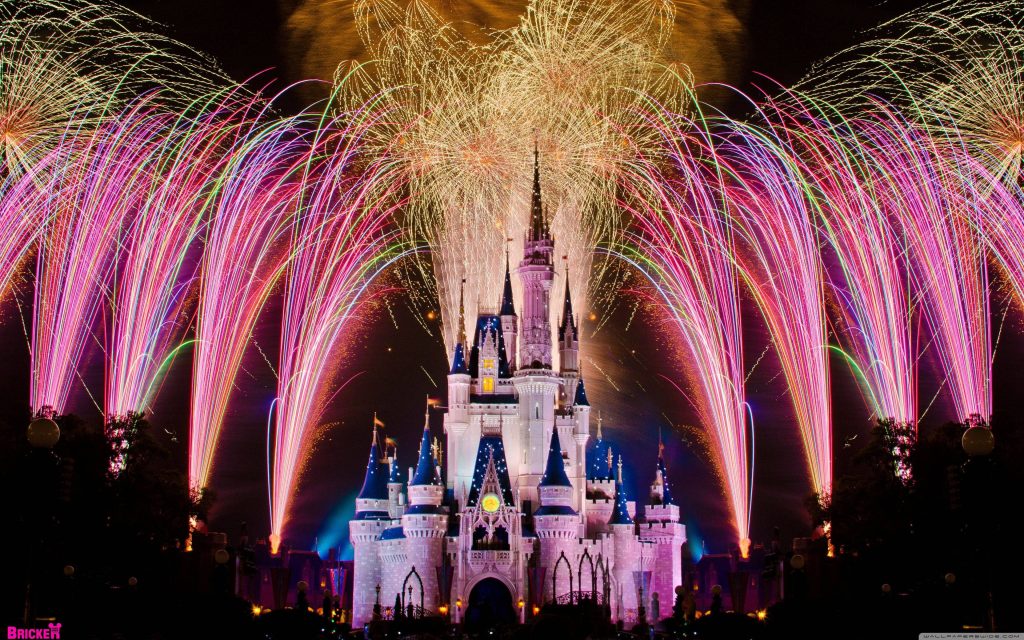 Magic Kingdom fireworks over illuminated Cinderella Castle at night Disney World wallpaper background