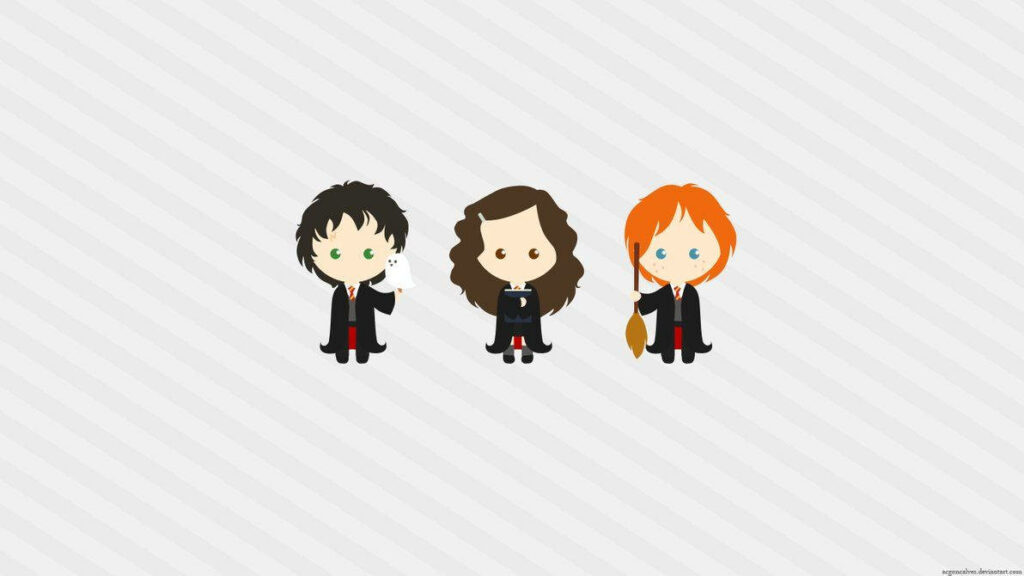 Magical Trio: Adorable Harry Potter Art featuring Tiny Hermione, Ron, and Harry amidst Striped Background Wallpaper