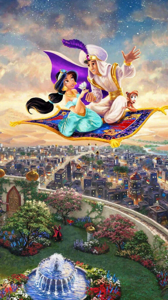 Magical Aladdin & Jasmine Carpet Ride Over Illuminated Cityscape Wallpaper