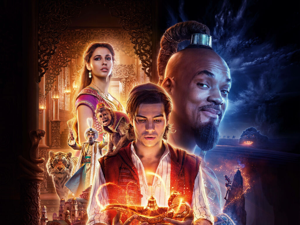 Magical Aladdin Wallpaper: Vibrant Scene with Aladdin, Jasmine & Genie