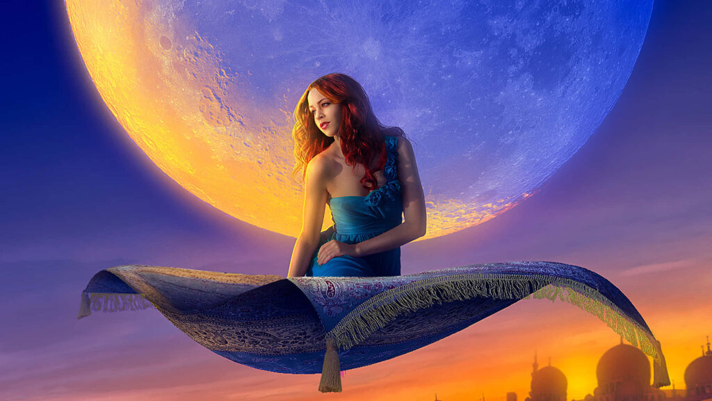 Magical Aladdin Wallpaper: Enchanting Flying Carpet Under Moonlight