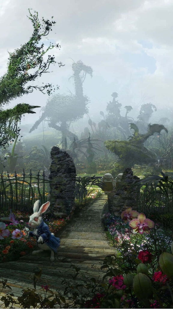 Whimsical Alice in Wonderland background with White Rabbit in colorful garden and topiary creatures Wallpaper