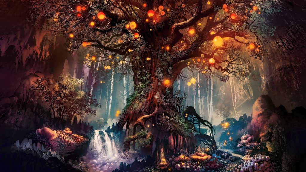 Ancient glowing tree with golden lanterns by waterfall in vibrant mystical forest wallpaper background