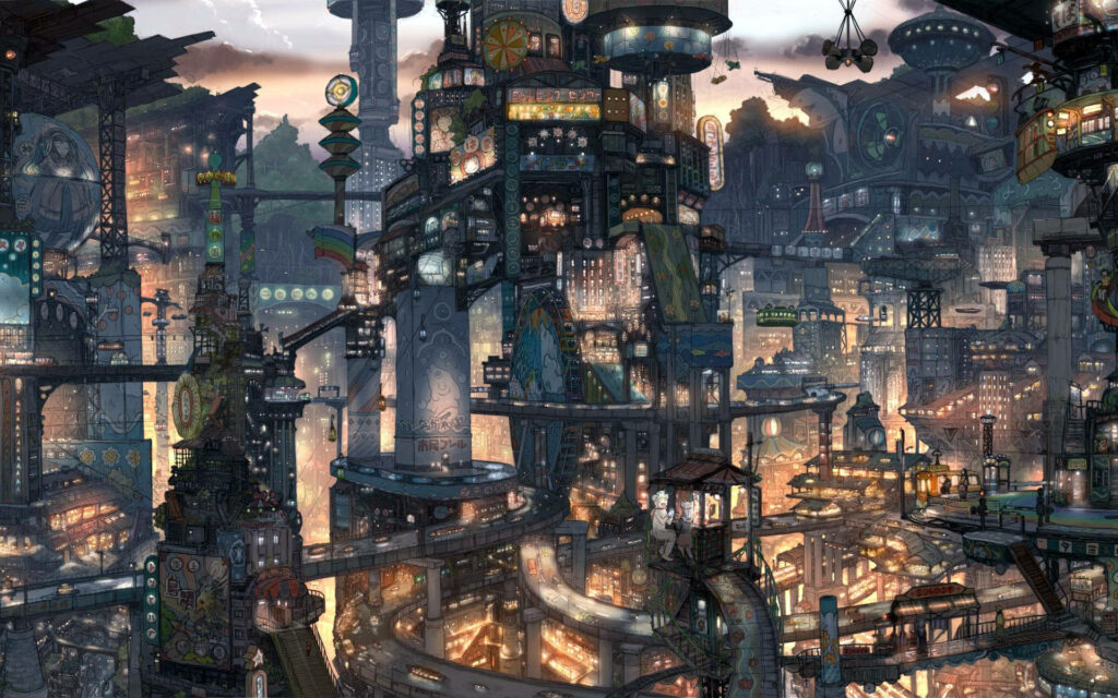 Magical Anime City Wallpaper: Vibrant Lights & Intricate Architecture