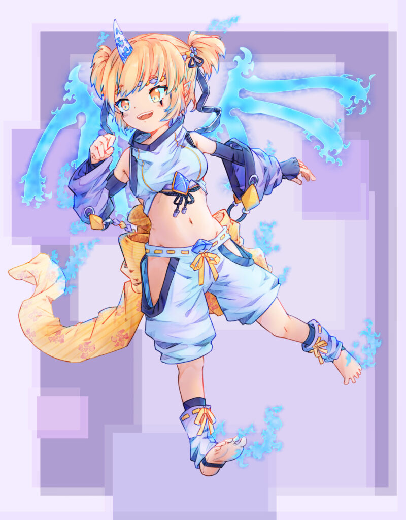 Enchanting Anime Girl Wallpaper: Cheerful Smile & Blue Flames