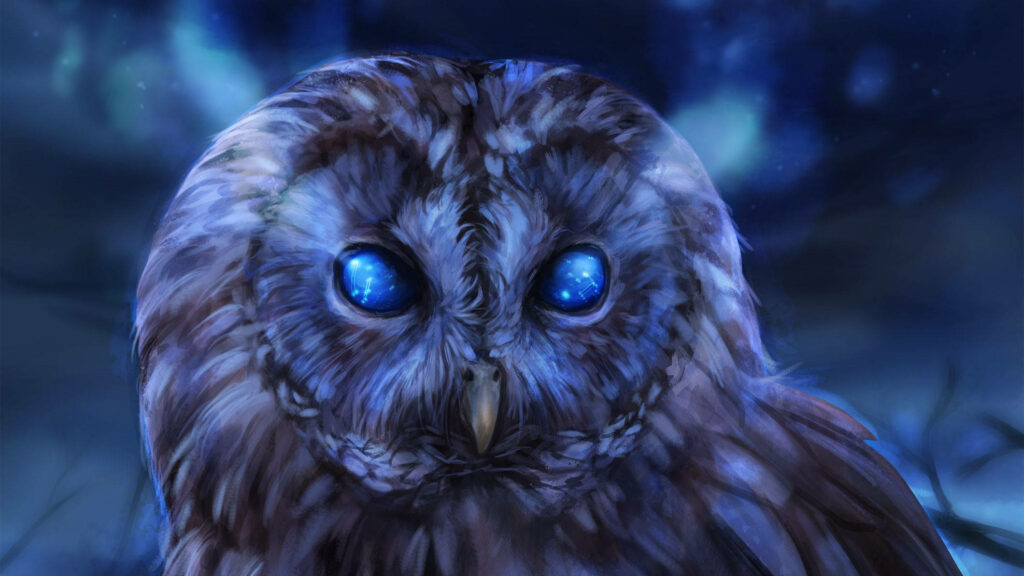Magical Blue Owl Wallpaper: Luminous Eyes on Dark Ethereal Background