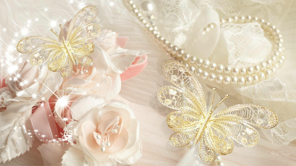 Enchanting Wedding Décor: A Delicate Symphony of Glass Butterflies, Elegant Silk Drapes, Floral Lace, and Pearlescent Elegance Wallpaper