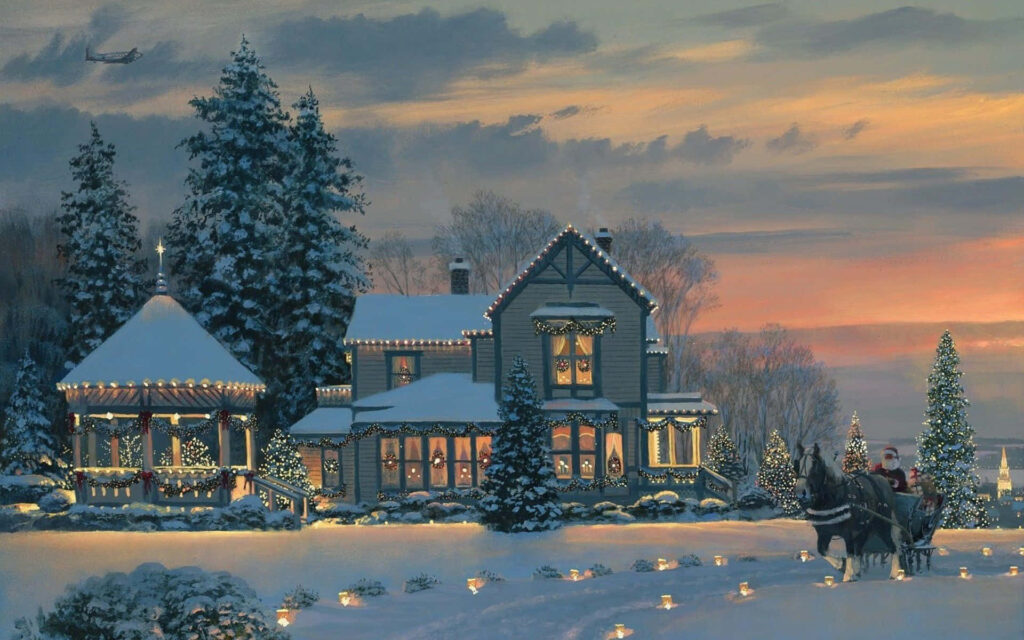 Magical Christmas Desktop Wallpaper: Snowy Cottage & Sleigh Scene