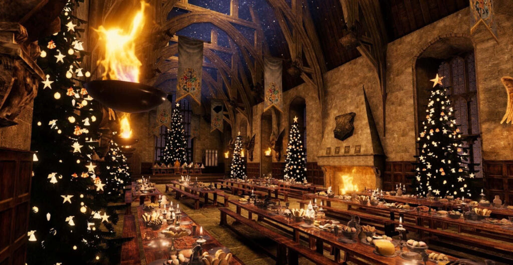Magical Great Hall: Festive Christmas Wallpaper with Floating Candles