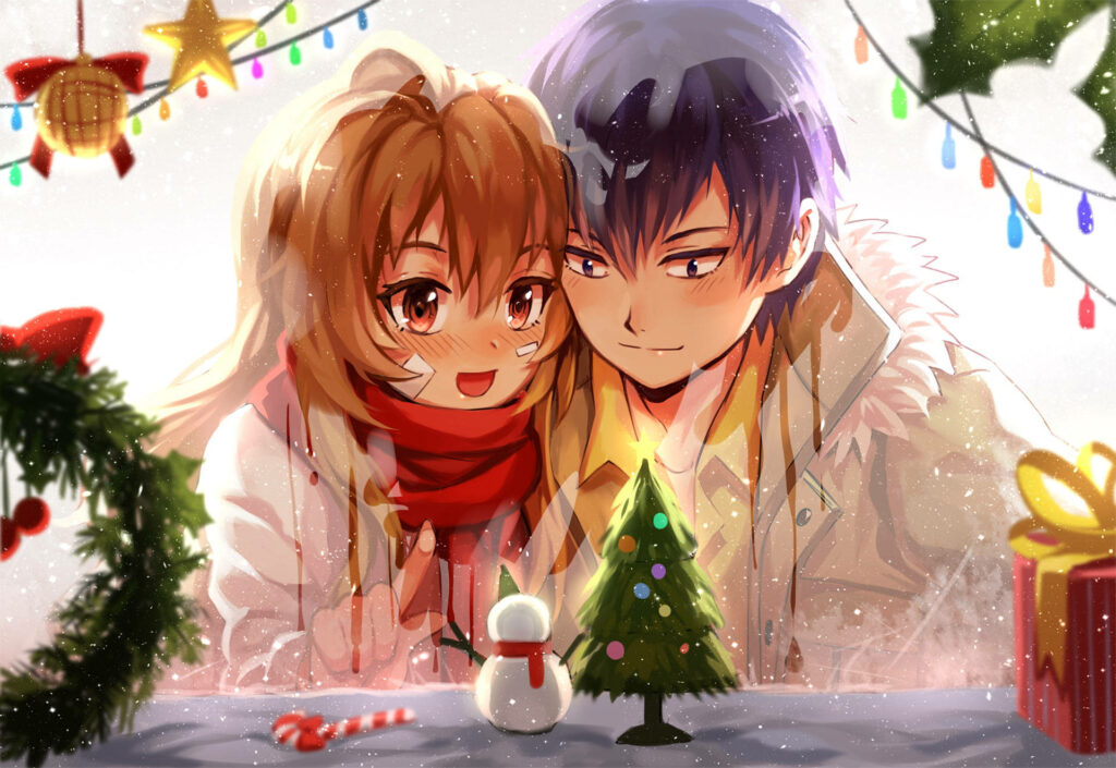 A Festive Glimpse of Love: Adorable Anime Duo Enchanted by Christmas Decorations Through a Storefront Window Wallpaper