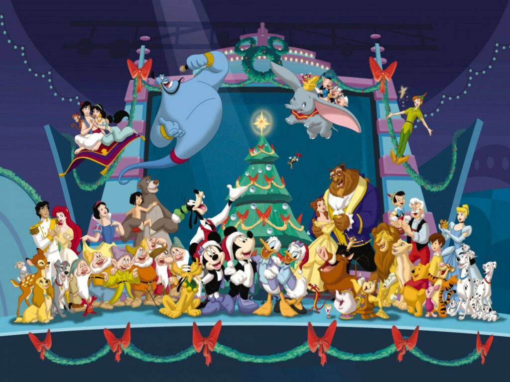 Magical Holiday Extravaganza: Disney Characters Sparkle on Festive Stage Wallpaper