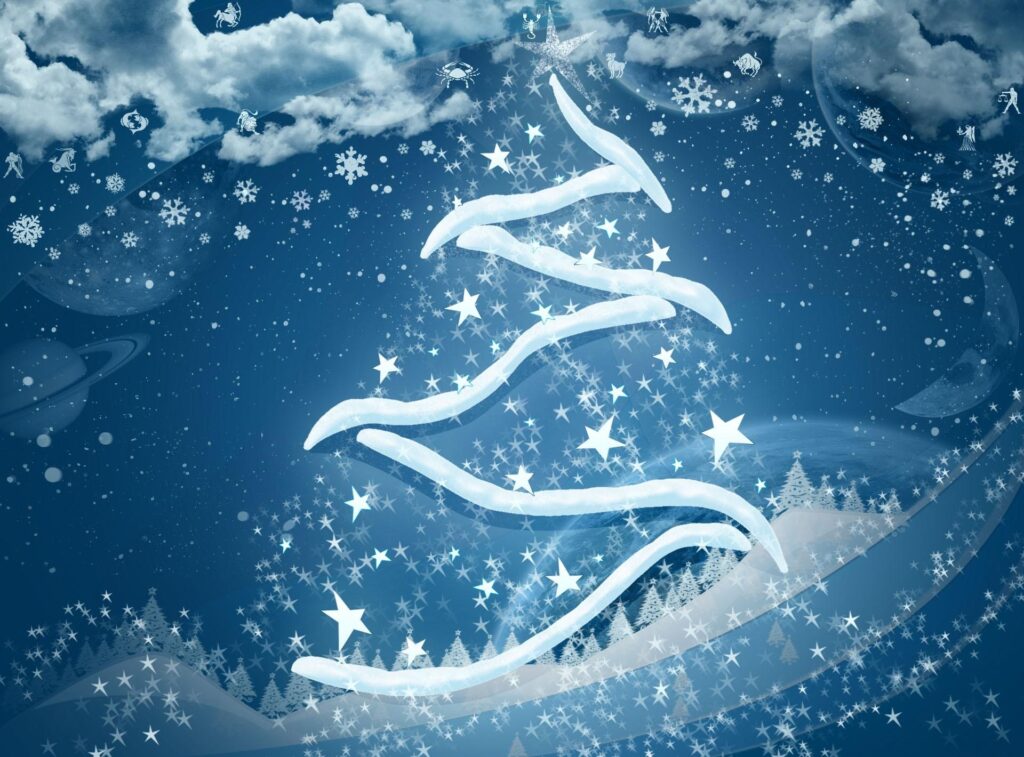 Magical Christmas Tree Wallpaper with Snowflakes & Zodiac Signs