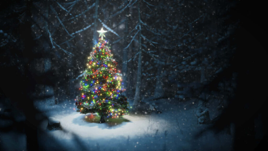 Magical Snowy Forest Christmas Tree with Colorful Lights Wallpaper