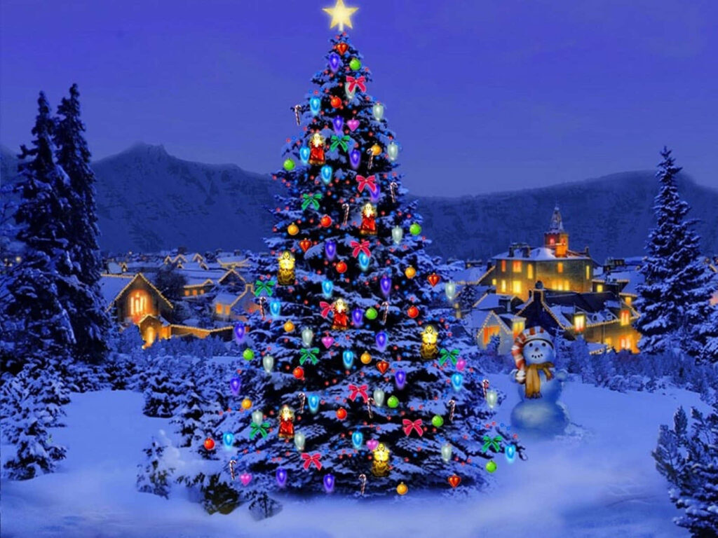 Majestic Christmas Tree in Snowy Landscape with Cozy Cottages Wallpaper