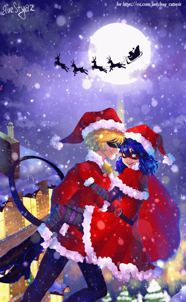 Festive Christmas Wallpaper: Characters in Red with Snow & Santa Sleigh