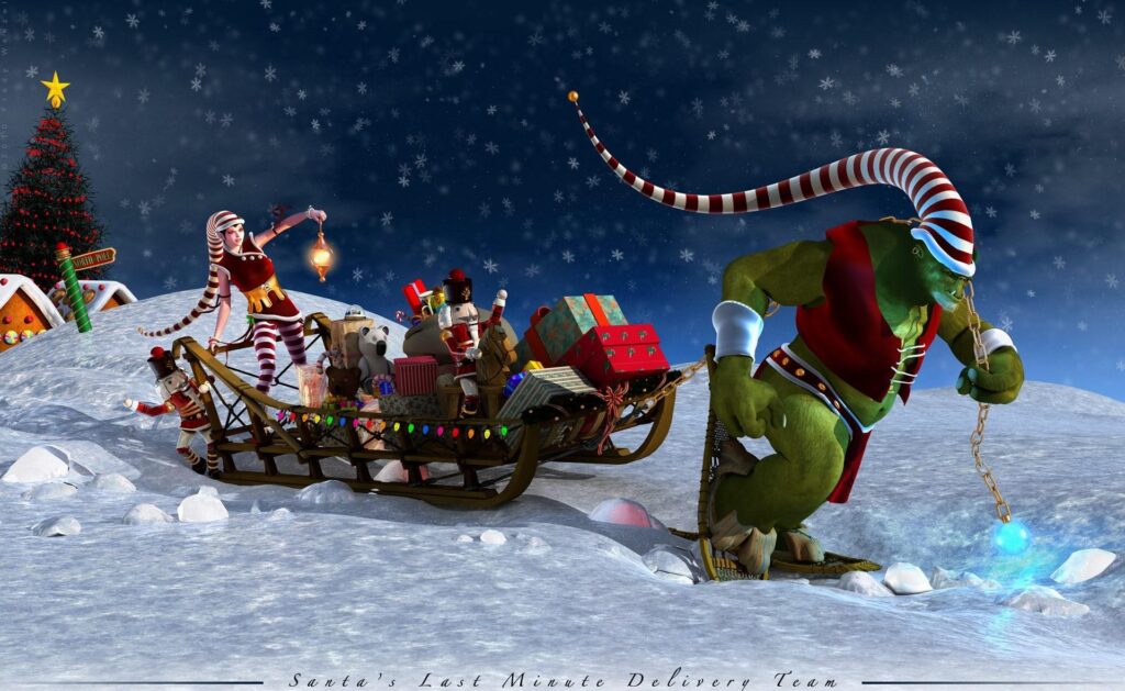 Whimsical Santa's Delivery Team Christmas Wallpaper – Snowy Night Scene