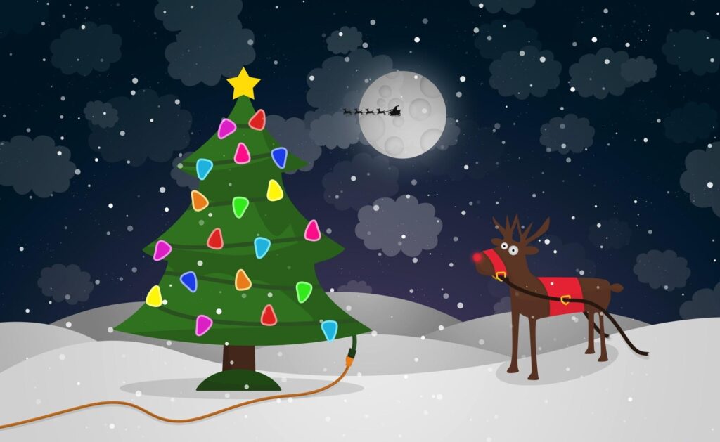 Magical Christmas Wallpaper with Tree, Reindeer & Santa Sleigh