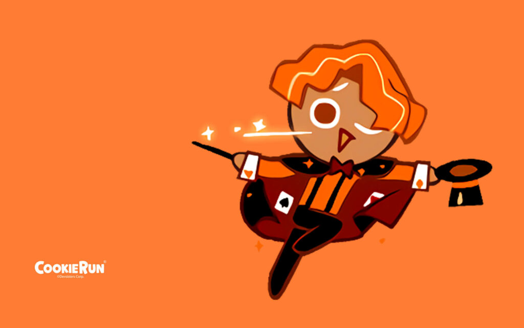 Cinnamon Cookie Run: The Enchanting Magician in Fiery Orange Wallpaper