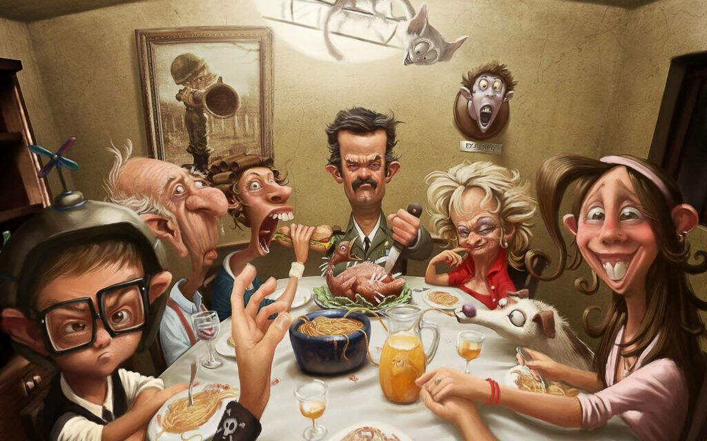 Enchanting Family Fare: Disney Characters Share a Homely Dinner on Desktop Wallpaper