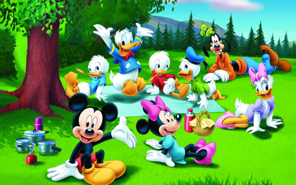 Disney's Classic Characters Enjoy a Charming Picnic in a Vibrant Cartoon Landscape Wallpaper