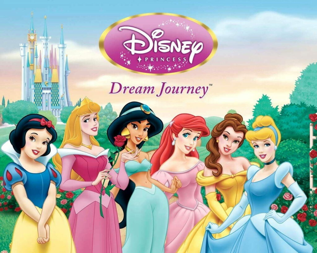 Disney Princess wallpaper with Snow White Aurora Jasmine Ariel Belle Cinderella in rose garden castle background